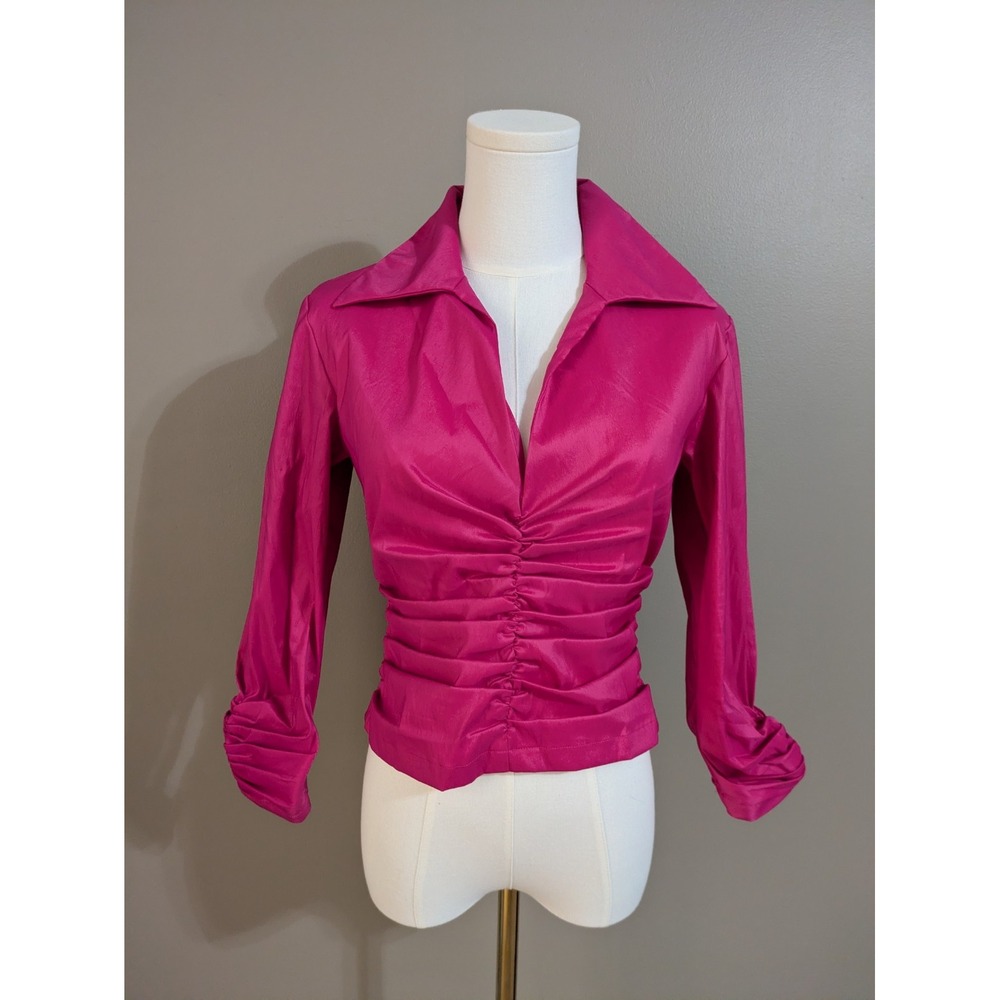 Vintage 90s 2000s Tadashi Shoji Hot Pink Taffeta Ruched Zip Back Blouse CY7839X